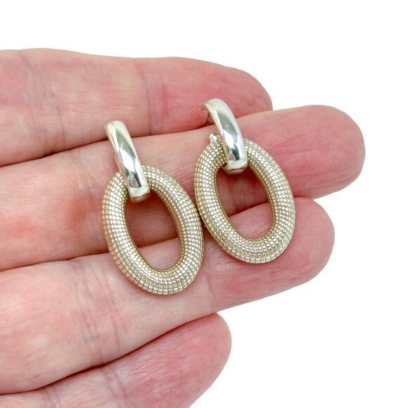 Vintage Jewelry - Vintage Sterling Silver 3.5cm Textured Oval Drop Earrings